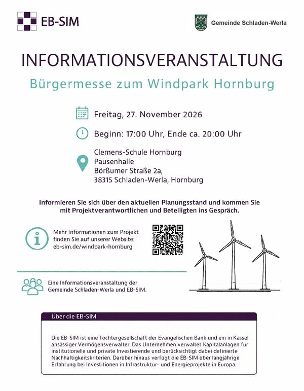 Bild vergr&ouml;&szlig;ern: Flyer - Informationsveranstaltung zur B&uuml;rgermesse zum Windpark Hornburg